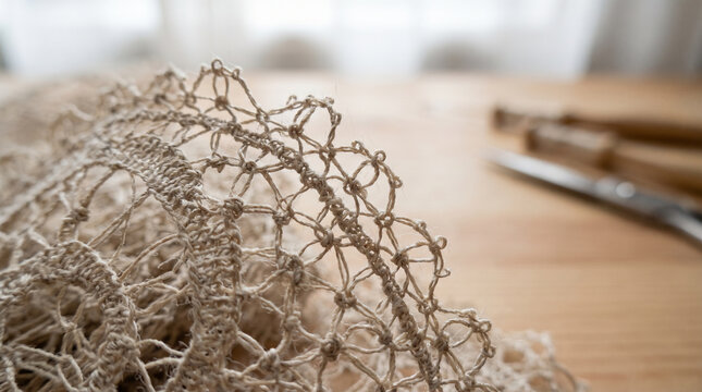 Women making knotted lace on a wooden table in a bright room  