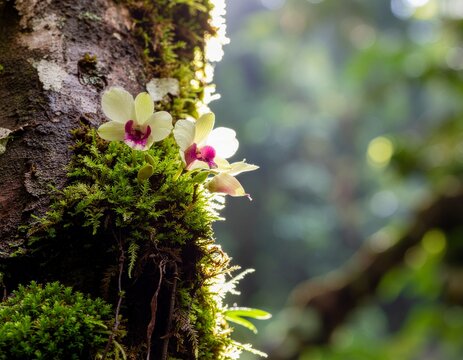 Rare Wild Dendrobium Orchid in a Tropical Mountain Forest