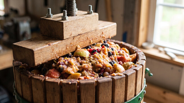 Farmer pressing apple mash for cider in a rustic winery  