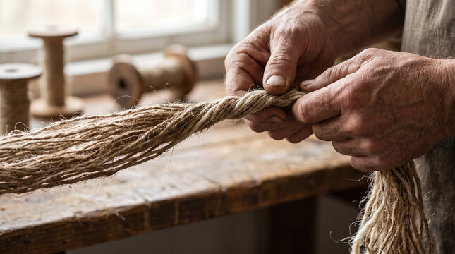 Hands twisting natural fibers into cordage at a wooden workshop  