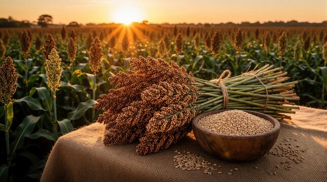 Sorghum bundle and bowl of grain sit on sackcloth in a field at sunset. Ripe stalks rise behind them, bathed in warm golden light during the golden hour.