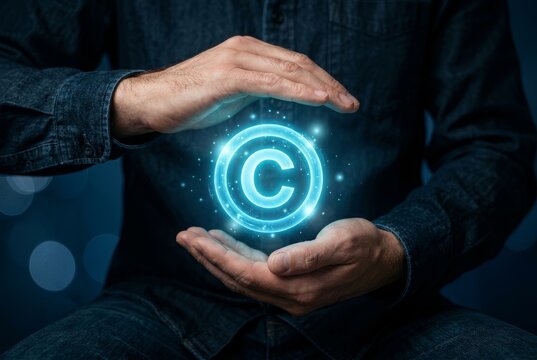 A glowing copyright symbol held between hands representing intellectual property rights.