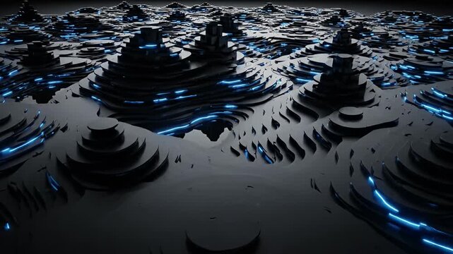 Dark topographic landscape with neon blue glowing contours.
