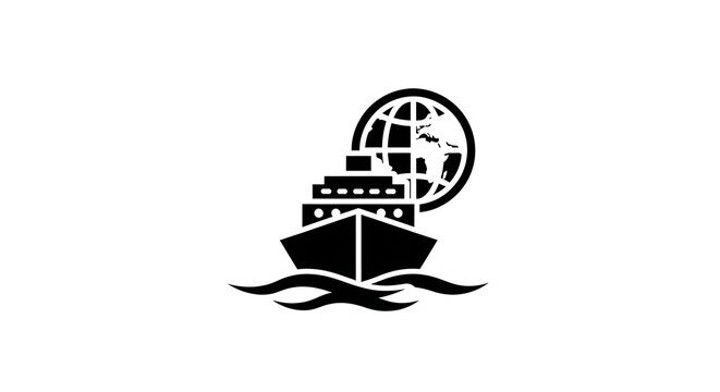 Black silhouette icon of a cargo ship and globe isolated on a transparent background