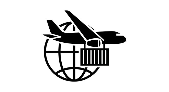 Black silhouette icon of a cargo airplane carrying a shipping container over a globe isolated