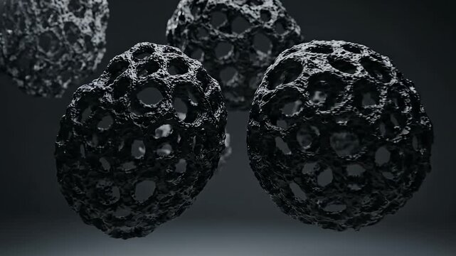 Floating black cellular spheres in a dark void.