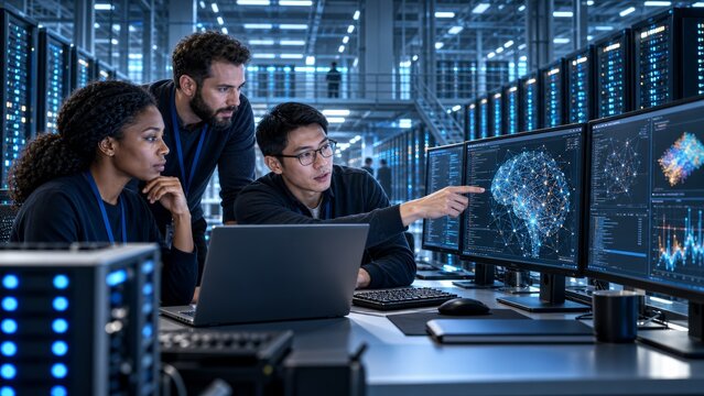 Happy data center coworkers monitoring neural network AI LLM visualization on screens.