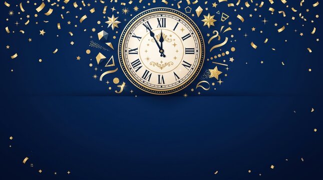 Gold clock showing midnight with confetti and stars on blue background