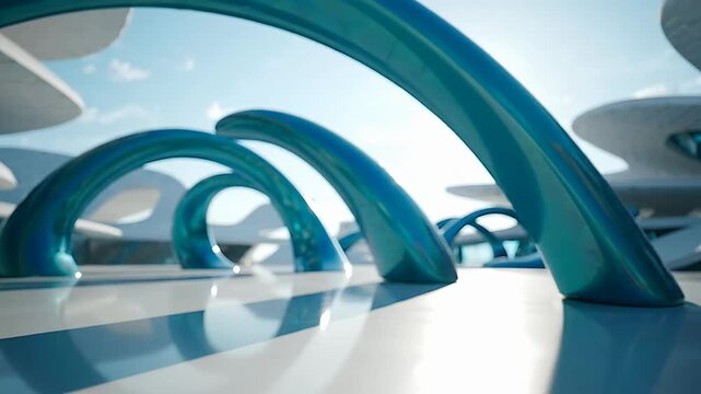 Futuristic blue architectural arches in a clean minimalist space.