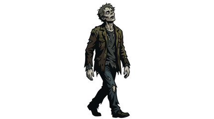 Fototapeta premium A zombie character is depicted in a tattered outfit, walking with a haunting demeanor that captures the essence of horror and the undead.