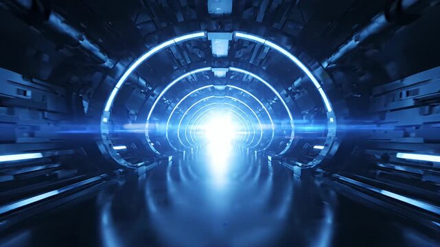 Futuristic blue neon circular corridor tunnel.