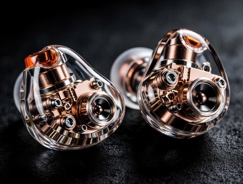 Two transparent in ear monitors with exposed internal copper and silver wiring rest on dark textured surface. Tiny drivers and intricate components reveal advanced audio tech for pure sound.