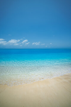 Minimal soft sandy shore calm turquoise shallows clear blue sky quiet empty summer beach vertical simplicity. Peaceful wellness travel scene. Relaxing meditation coastal summer copy space wall art