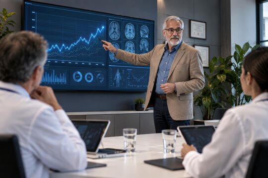 Senior business expert presenting statistical data on a line graph during a medical conference.