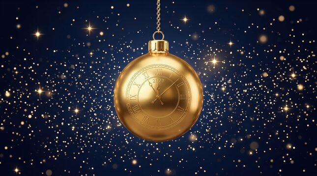 Golden Christmas ornament with clock face showing midnight on starry dark blue background