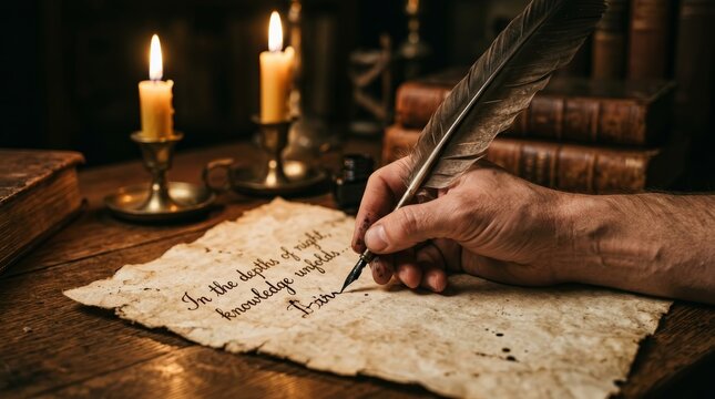 A person writing with a quill pen on old parchment paper in a dark room.