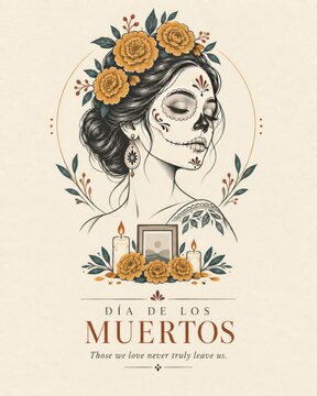 Beautiful illustration of a woman with sugar skull makeup wearing marigold flowers for the traditional mexican dia de muertos celebration