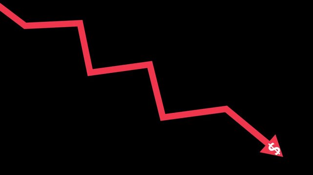 Downward arrow with dollar sign falling money loss decline and financial trouble animation