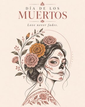 Beautiful woman with sugar skull makeup and floral hair accessories celebrating the traditional mexican holiday dia de los muertos festival
