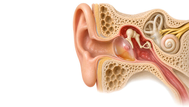 Otitis media in middle ear with fluid behind intact eardrum, photorealistic medical 3D anatomy render showing preserved ossicles and inner ear for healthcare education and patient communication
