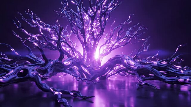 Luminous purple digital tree with glowing branches on dark floor.