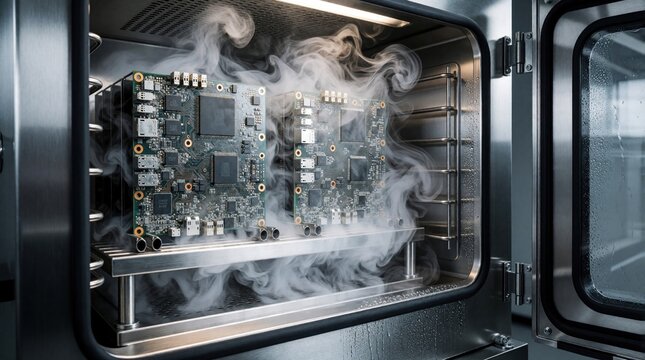 Electronic circuit boards undergo thermal shock test inside laboratory chamber. Dense white smoke, vapor swirl around hardware components during extreme temperature change. Engineers conduct quality