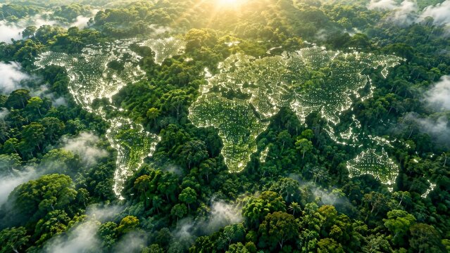 A world map made of dots over a green eco ecosystem forest background.