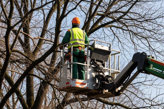 Arborist in safety vest and hard hat works high in tree from elevated platform lift. Winter tree care service, worker trims branches with tool, careful pruning job.