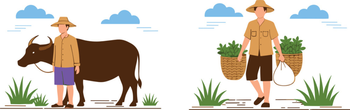 Asian Farmer Character Vector Set Featuring Traditional Peasant with Water Buffalo and Carrying Plant Harvest Baskets for Rural Agriculture Designs