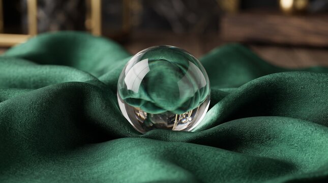 A clear glass orb nestled in folds of dark green silk fabric with soft light reflections.