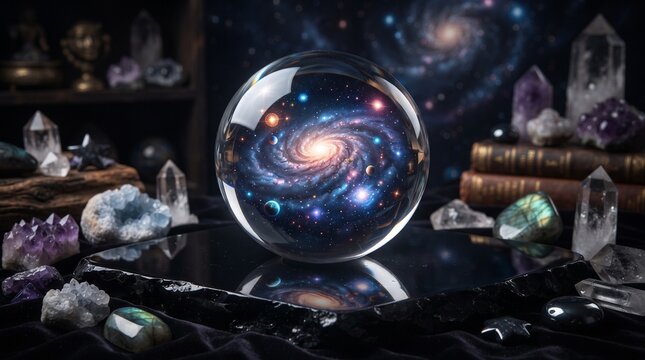 A crystal sphere containing a glowing spiral galaxy resting among various raw gemstones.