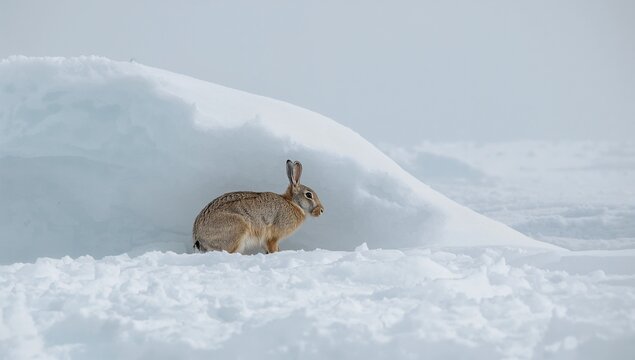 Arctic Hare Crouching in Pristine Windswept Snowdrift Landscape