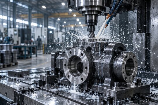 Robust cast iron gear pump casing being machined using a CNC machine with coolant spray.