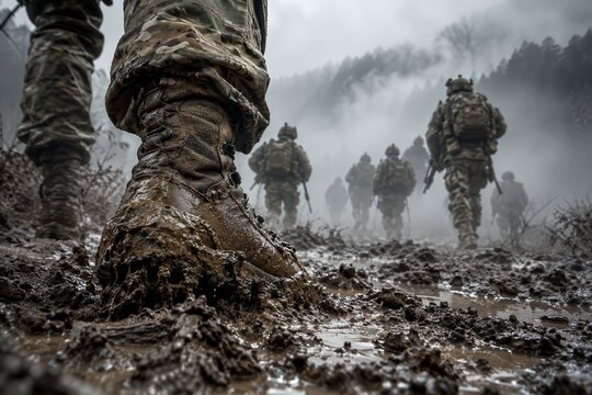 Soldiers in camouflage uniforms marching through deep mud during a foggy day.