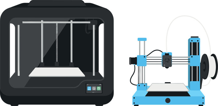 odern enclosed black three dimensional printer next to open frame blue desktop printer vector illustration isolated on white background