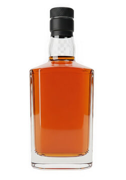 Full glass bottle of golden whiskey or brandy isolated on transparent background