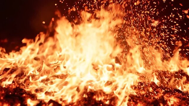 Slow motion intense fire texture. Detailed flames, glowing combustion and flying sparks create a powerful cinematic fire background effect.