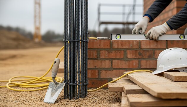 Bundle of steel rebar next to a trowel and new brick wall at construction site