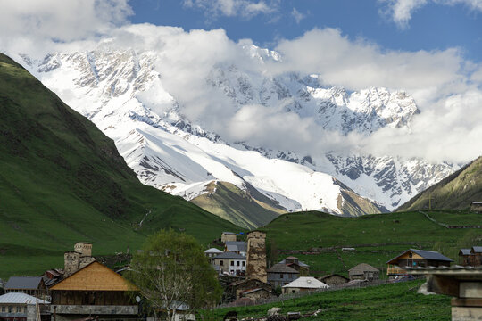 Snow-covered Caucasus Mountains above Ushguli village