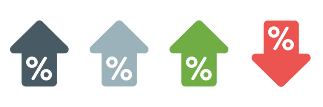 Percentage growth and decline vector icons representing financial trends, profit changes, market performance, analytics, statistics, and economic indicators