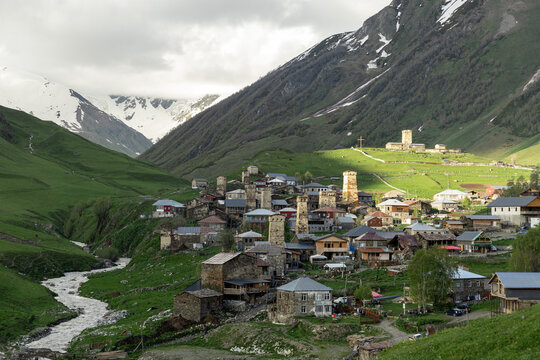 Historic Ushguli village beneath the Caucasus Mountains