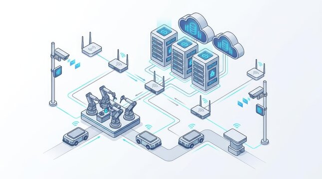 Isometric industrial iot ecosystem with robots and cloud servers