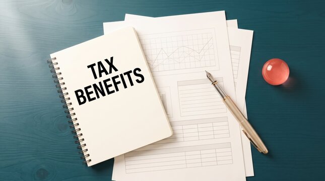 Tax benefits notebook with graphs and pen on a wooden desk