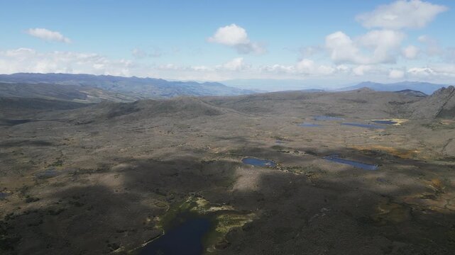 Aerial drone view of the high-altitude Sumapaz Paramo ecosystem in Colombia featuring native frailejon plants, glacial lakes, and rugged Andean mountains.