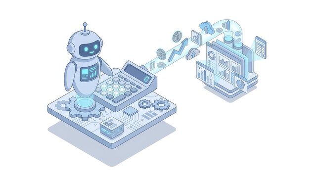 Isometric robot accountant managing digital financial records.