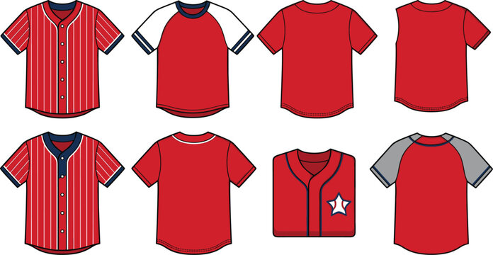 Baseball Jersey Mockup Vector Set with Red Button Up Pinstripe Shirts Raglan Tees and Folded Uniform Graphic Designs