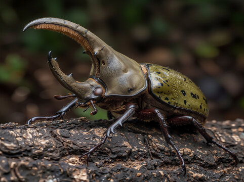 Macro photography of a Hercules beetle showing massive horns resting on tree bark