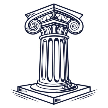 A classical architectural column with a decorative ionic capital and a square base, illustrated in a detailed line style on a white background
