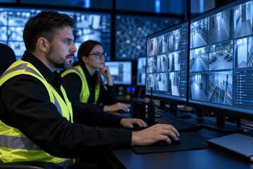 Fototapeta premium Security professionals monitoring multiple screens in a professional CCTV control room