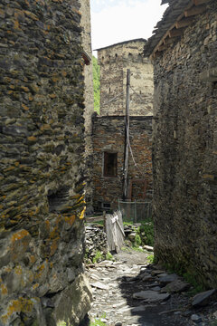 Stone Alley between Medieval Svan Towers in Ushguli